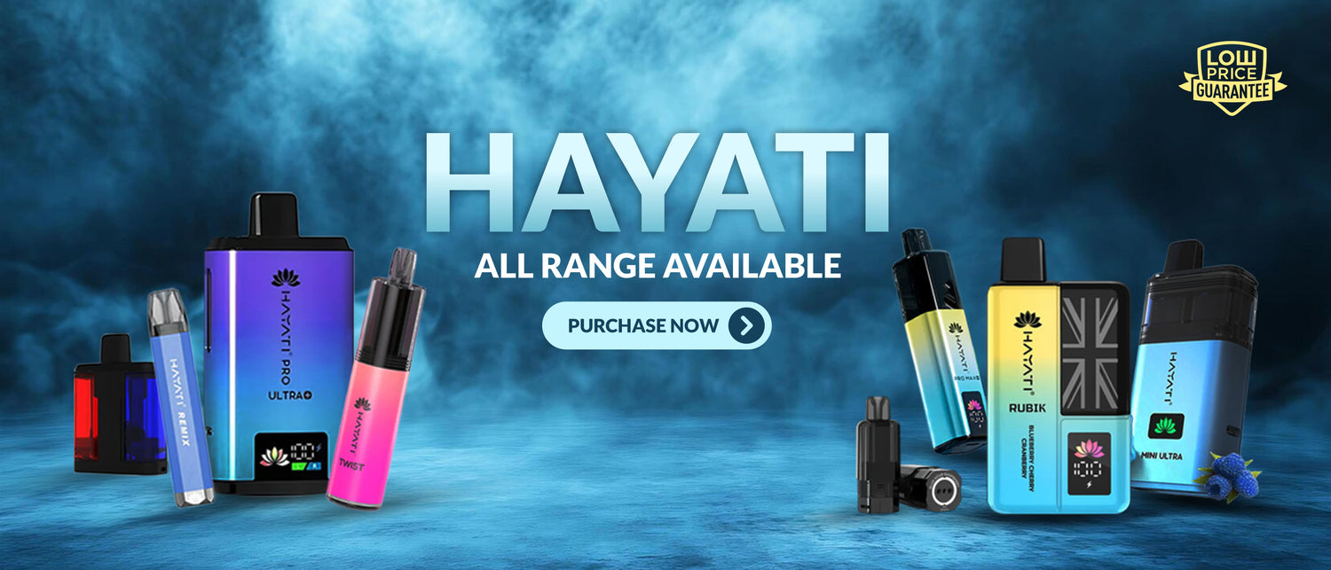 Promotional banner for Hayati vaping products with a blue gradient background.
