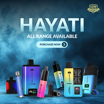 Hayati vape devices with a blue gradient background and promotional text.